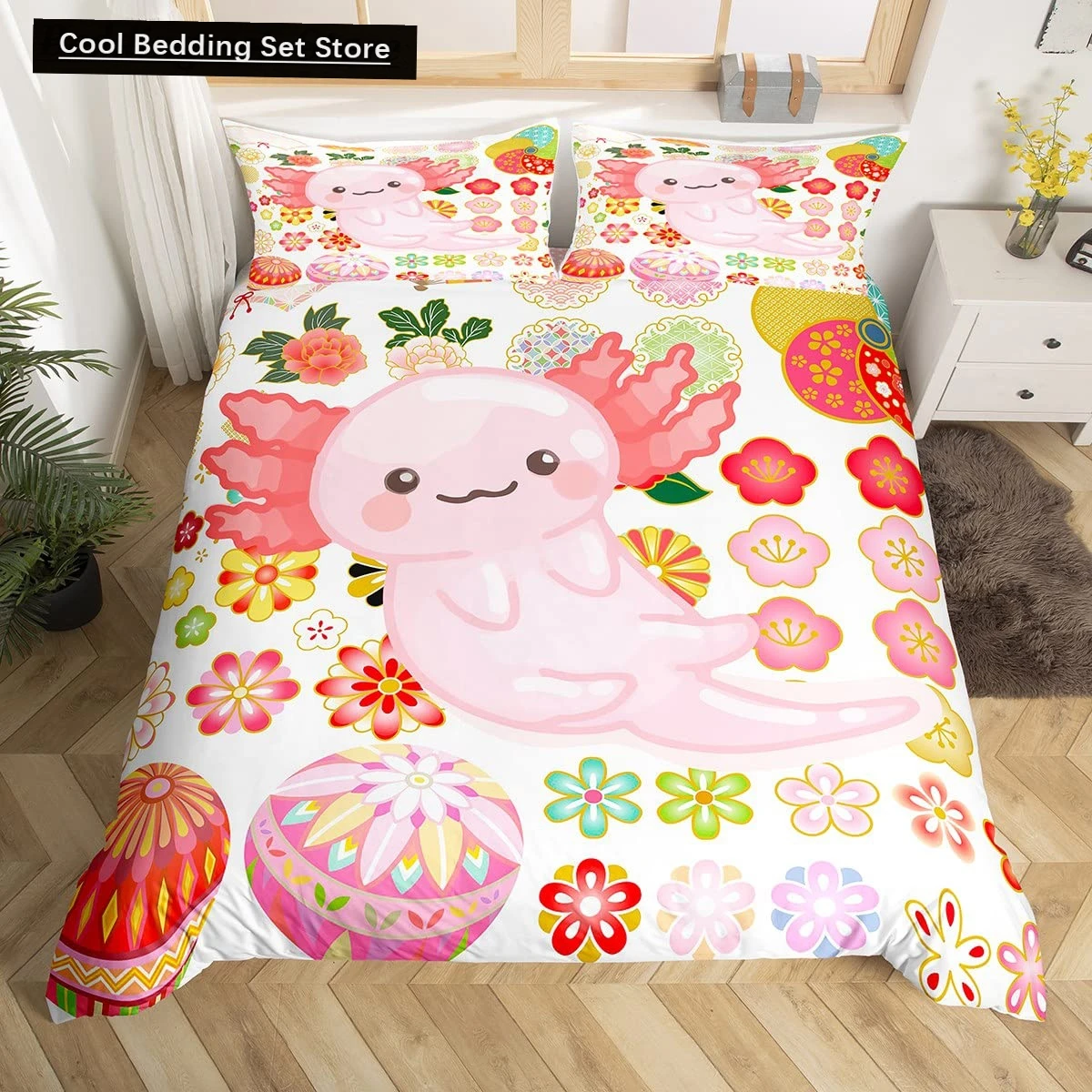 

Cartoon Pink Axolotl Floral King Queen Duvet Cover Kawaii Salamander Bedding Set 3D Animal Quilt Cover Polyester Comforter Cover