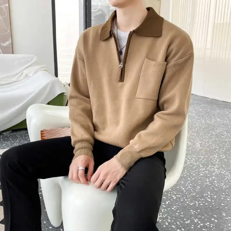 

Men's Half Zip Polo Collar Knit Sweater Casual Long Sleeve Contrast Color Pullover with Chest Pocket