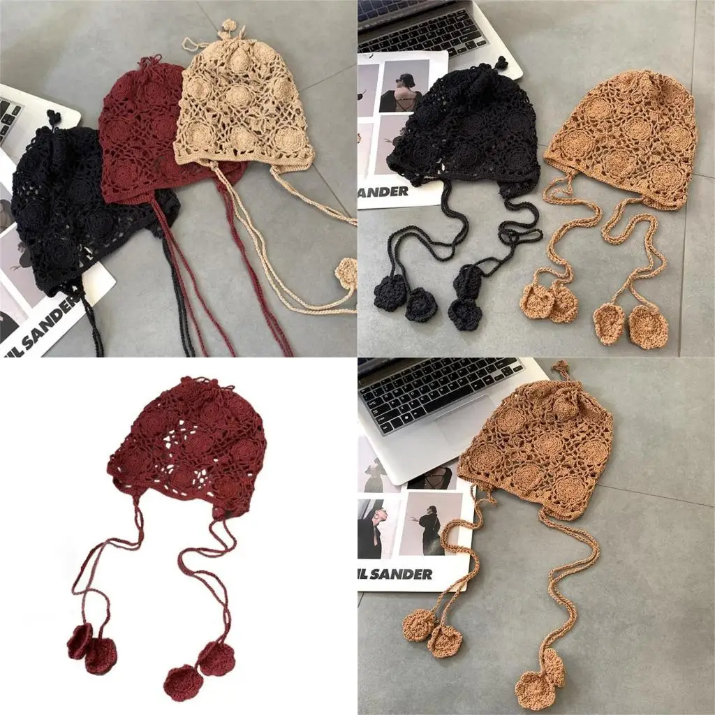 

652F Popular Female Hat Knitting Beanie Hat Handmade Earflap Flower Hat Y2K Women Hat Girls BeachPhoto Hat Ethnic Cap