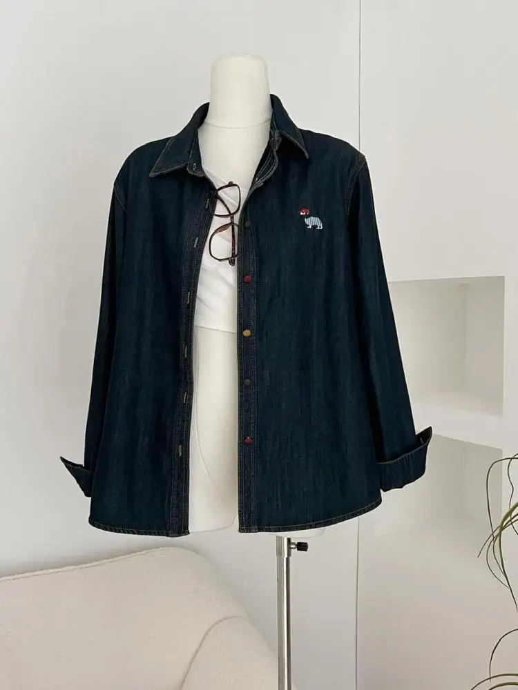 

Korean Fashion Blue Velvet Embroidered Puppy Denim Shirt Women Long Sleeve Blouses Vintage Single Breasted Tops Autumn Winter