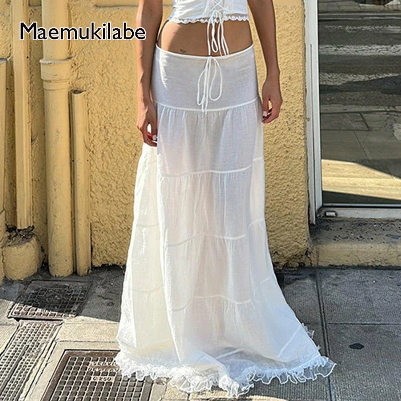 Maemukilabe Y2K Aesthetic Fairy White Long Skirt Women Vintage High Waist Tie Up Lace Trim Maxi A-Line Skirt Korean Streetwear