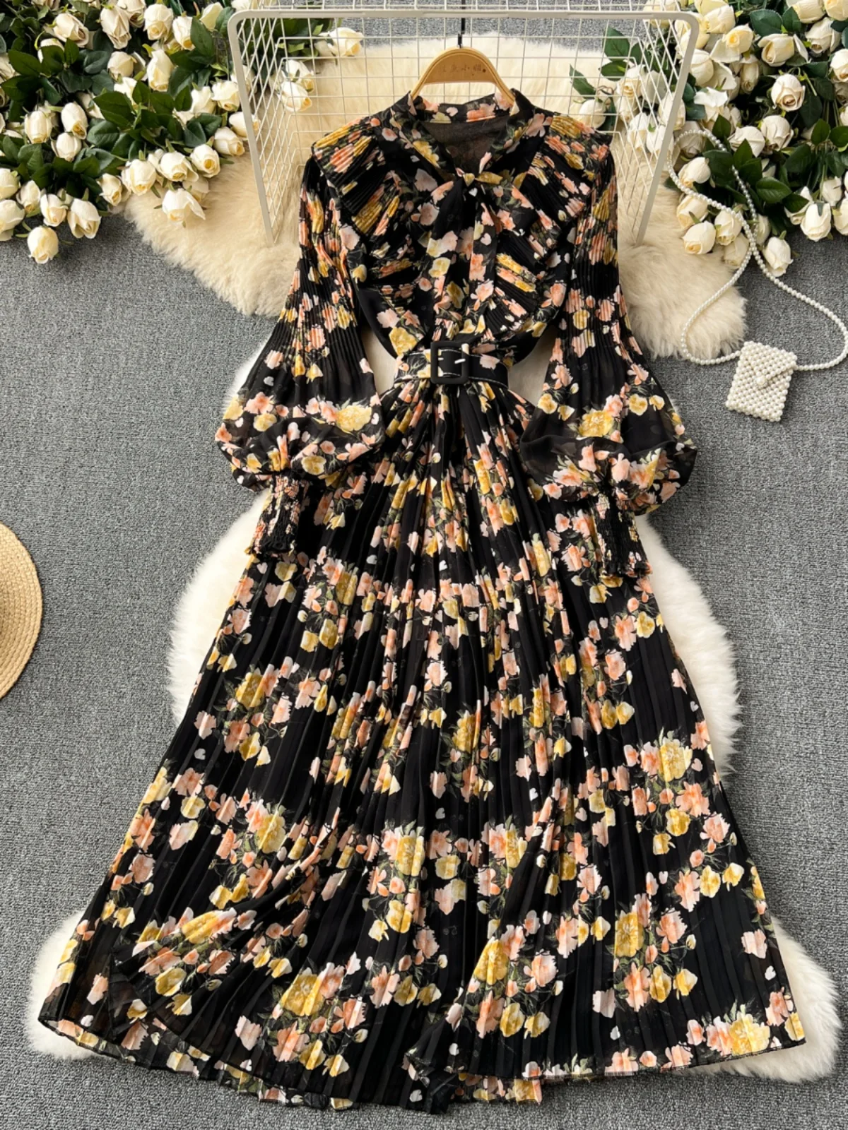 Ofallsis Light Mature Style Floral Printed Dress 2024 Spring New French Retro Sweet Ruffle Edge Patchwork Pleated Long Dresses