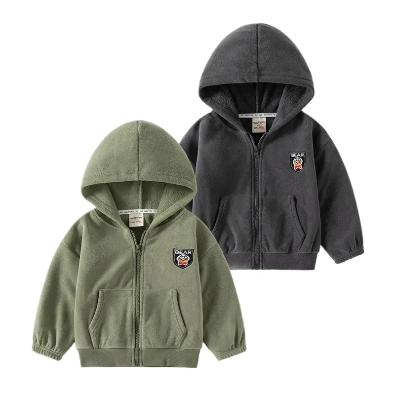 Kids' Color-Block Fleece-Lined Hooded Sweatshirt Autumn Boys' Cartoon Embroidered Long Sleeve Zip-Up Jacket Hoodie, Ages 2-7