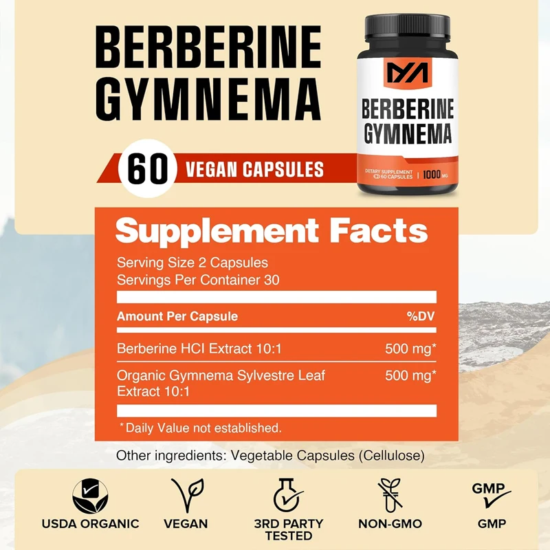 1000mg Berberine supplement containing organic Gymnema Sylvestre leaves - supports immune system and gastrointestinal function