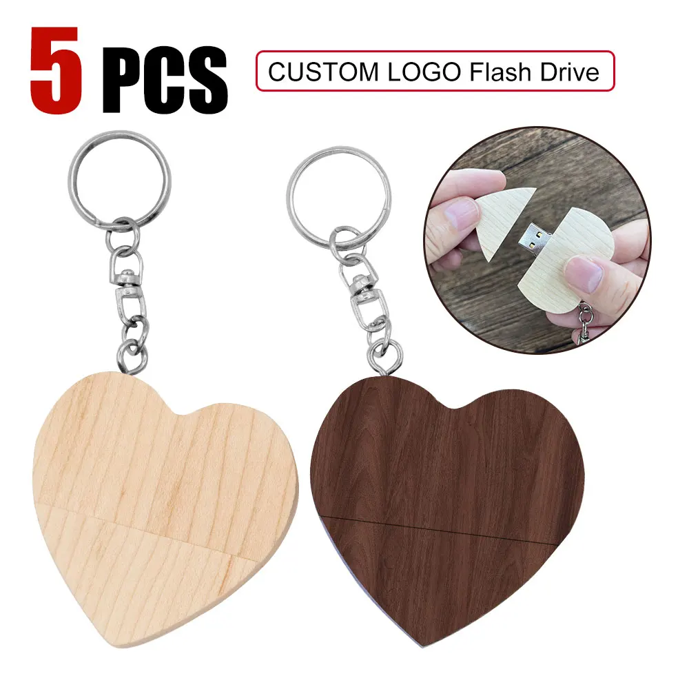 5pcs/lot USB Flash Drive 2.0 Wooden Heart Memory Stick Pendrive 4GB 16GB 32GB  100% Real Capacity Wedding Gifts Gifts Key Chain