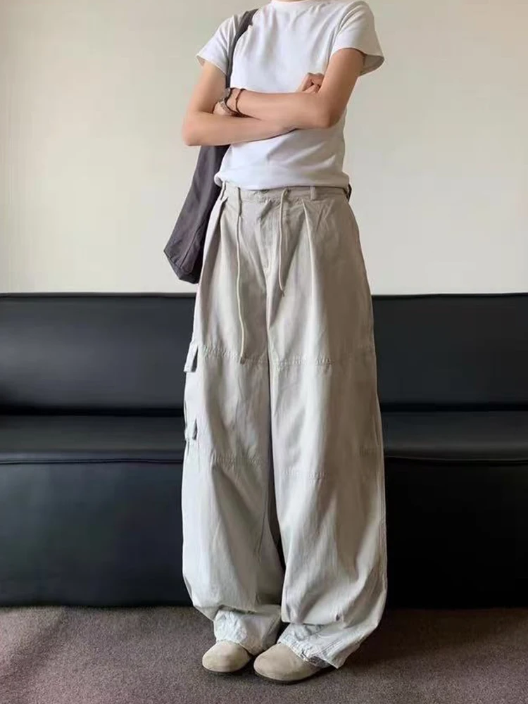 American Drawstring Cargo Pants for Women Y2K Fashion Streetwear Loose Pockets Punk Pants Bf Hip Hop All Match Straight Trousers