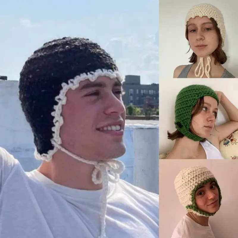 

Autumn Winter Men Women Hand-knitted Woolen Caps Warm Fashion Straps Headscarf Laced Hats for Outdoor Street Costumes Headgear