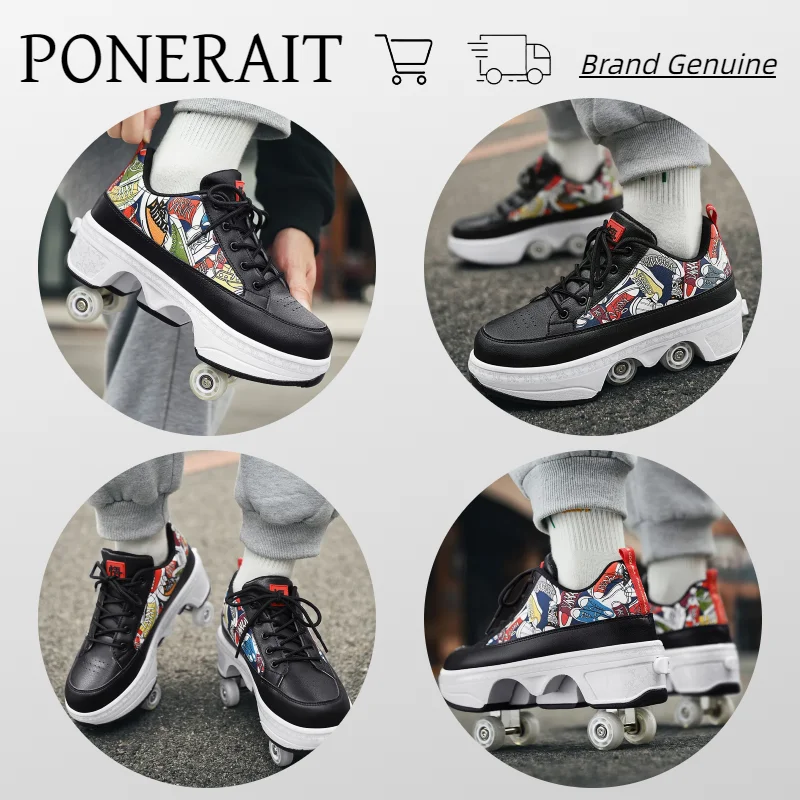 PONERAIT Double-Row Deformation Shoe One Click Folding Four wheels Roller Skate Shoe Outdoor Casual Fashion Children Sneaker