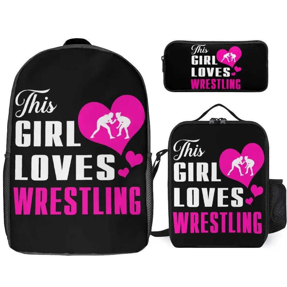 

This Girl Loves Wrestling Essential For S Lasting Comfortable Knapsack 3 in 1 Set 17 Inch Backpack Lunch Bag Pen Bag Travel Grap