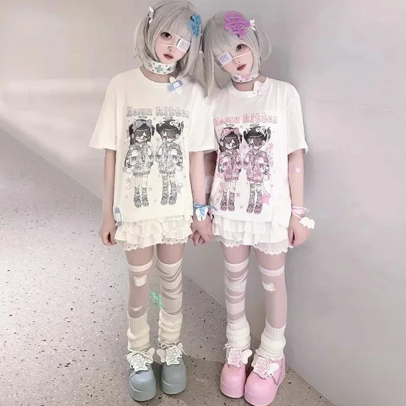 

Women clothing T Shirt Japanese Cute Subculture Short Sleeve Y2k Anime Print Tops Summer 2025 Casual Harajuku White Cosplay Tees