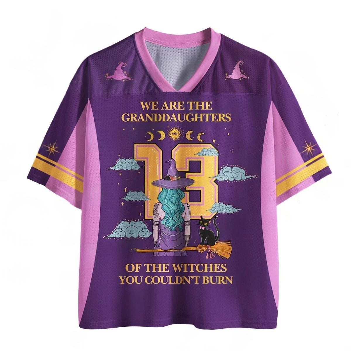 Witch Granddaughters Number 13 Football Jersey Black Cat Broom Moon Halloween Purple Sports Tee
