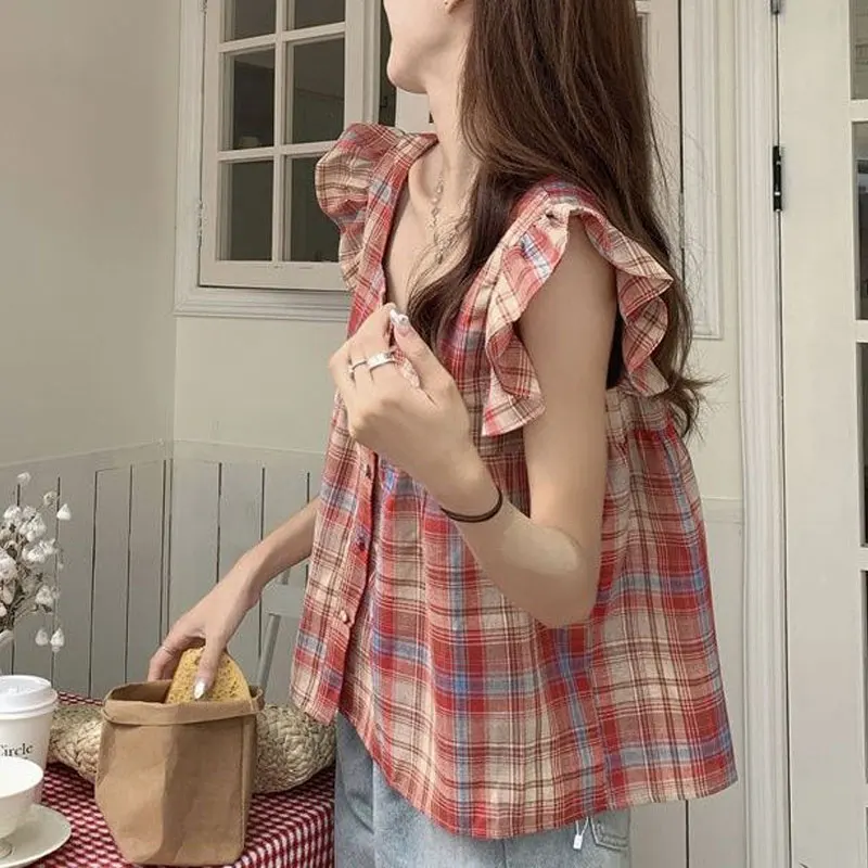 Stylish Flying Sleeve Plaid Blouse Summer Casual Spliced Female Clothing Loose Elegant Square Collar Basic Single-breasted Shirt