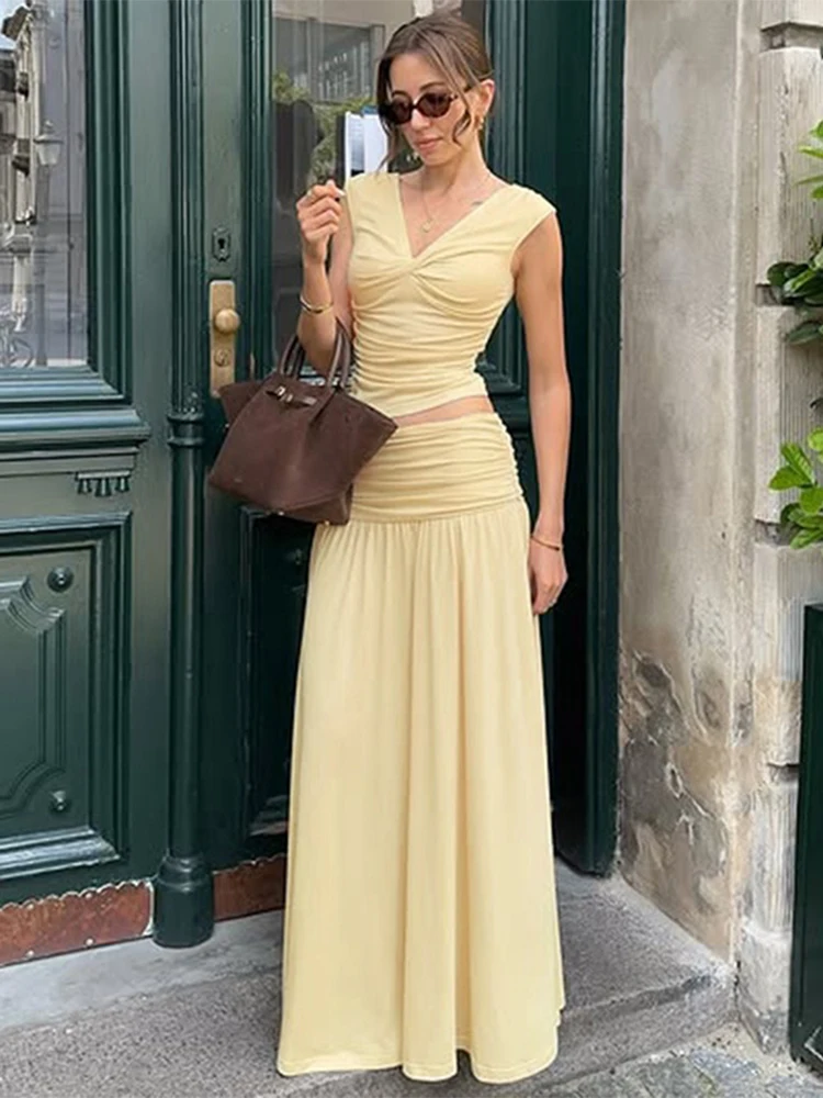

Trendix V Neck Top And Skirt 2 Piece Sets Women Summer Bodycon Fashion Sleeveless Crop Tops Folds Patchwork Long Skirts Suits