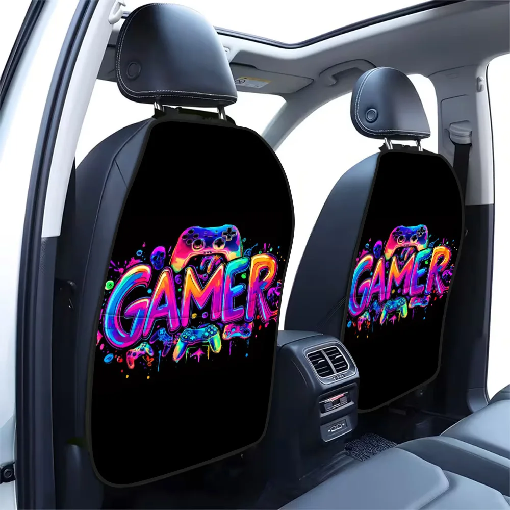 2pcs Set, Neon Graffiti Game Controller Skull Print Car Seat Back Covers With Storage Pockets, Rear Seat Protective Kick Mats,