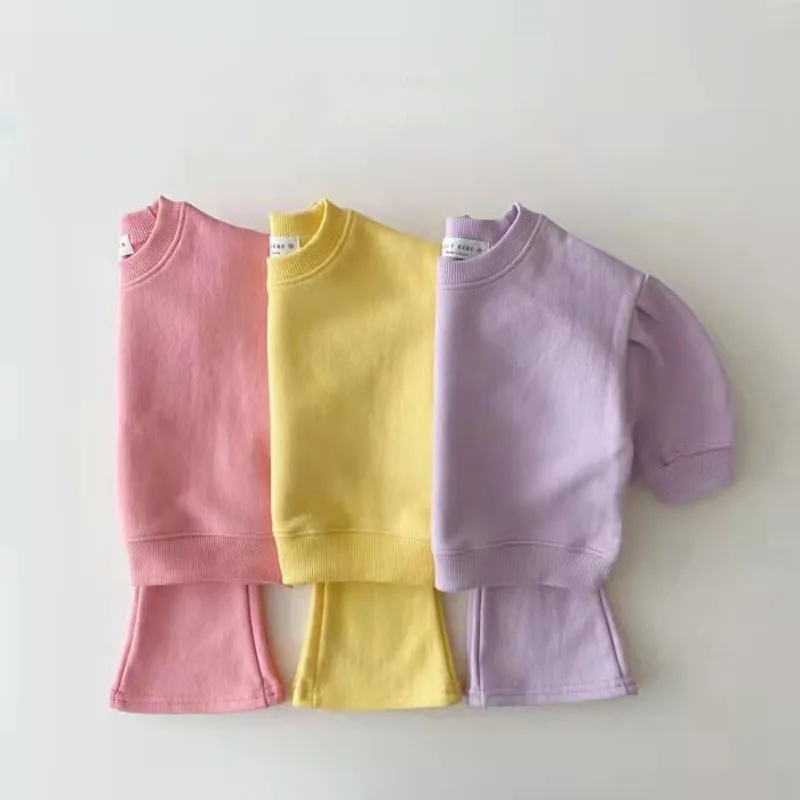 2025 Autumn New Children Long Sleeve Clothes Set Baby Girls Solid Loose Sweatshirt + Flared Pants 2pcs Suit Kids Casual Outfits