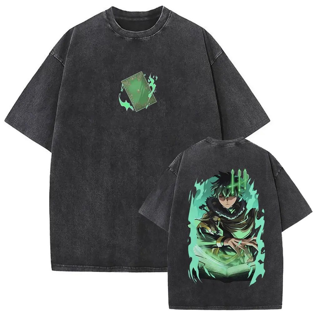 Anime Black Clover Yuno Grinbellor Vintage Washed T-shirt Men Women Retro Cotton T Shirt Men's Cartoon Manga Harajuku T-shirts