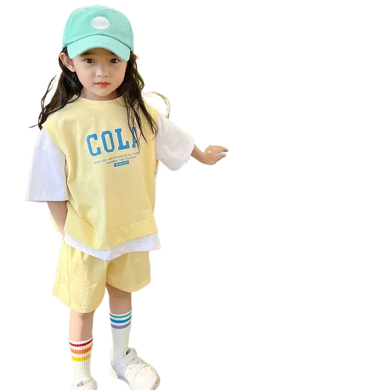 

Girl 2024 New Summer Casual T-shirt Suits Korean Style Baby Youth Teenage Girls Short Sleeve Contrast Color 2Pcs Clothes Sets