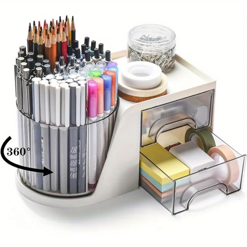 Rotating Desktop Storage Rack with 2 Drawers, Desktop Storage Rack and Accessories, with Drawers for Storing Office Home Supplie