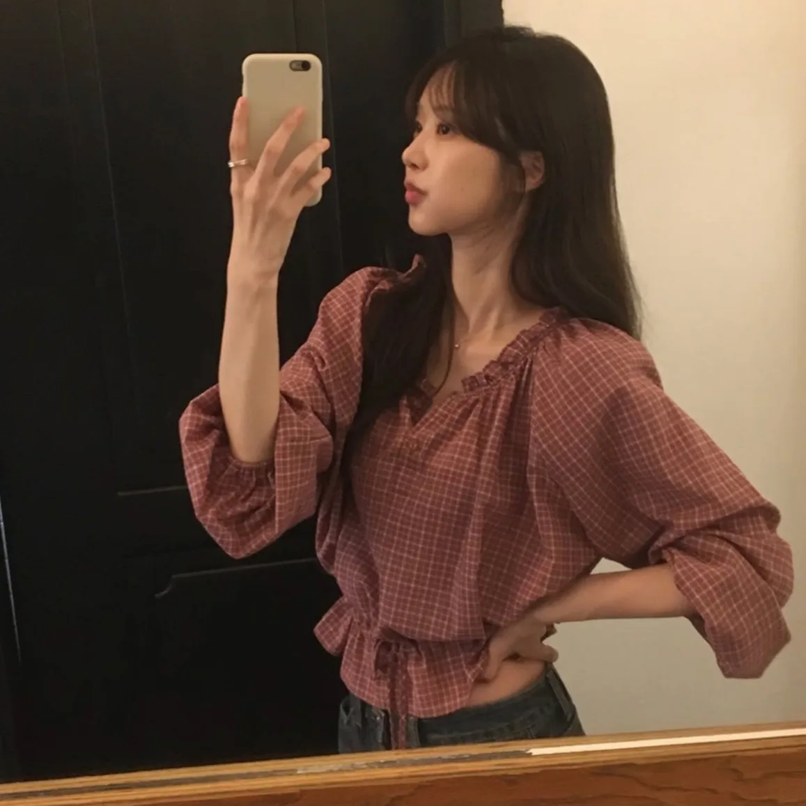 Retro Korean Plaid Waist-Cinching Shirt Autumn New Style Women's Long Sleeve Button-Up Top Fashionable Elegant Ladylike