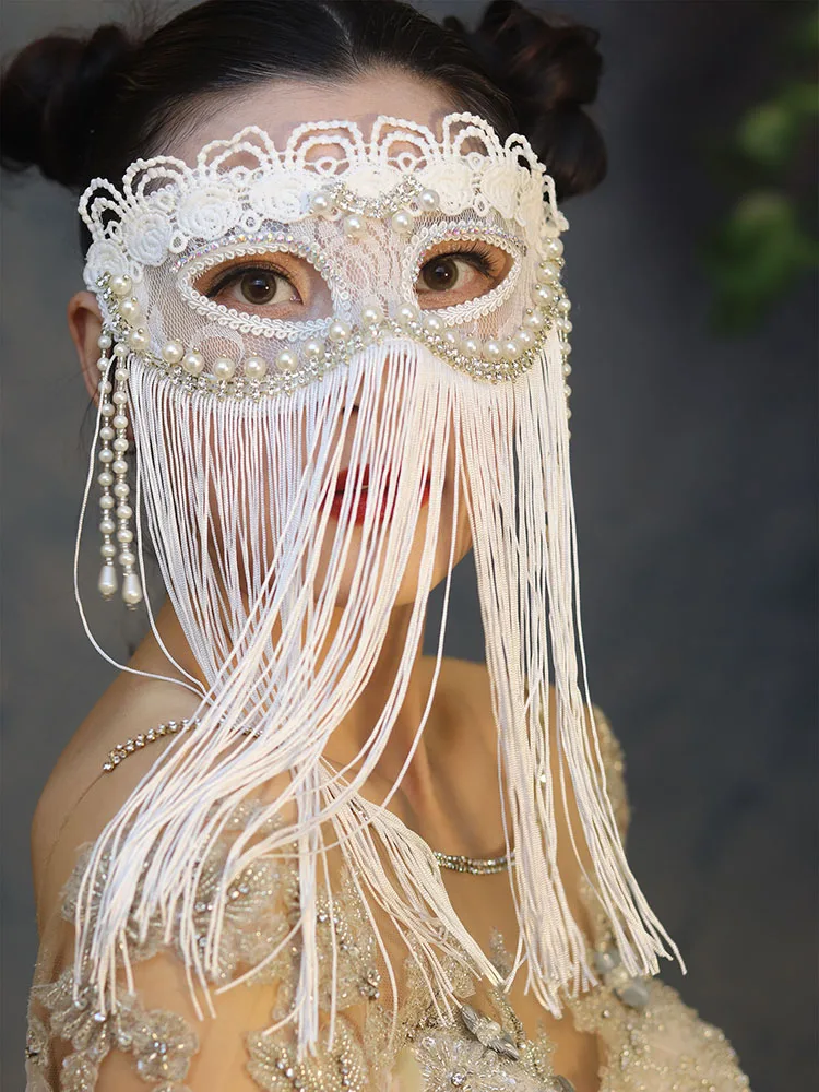 

Elegant Retro Mysterious Tassel Pearl Mask Socialite Temperament Face Cover Masquerade Halloween Private Party