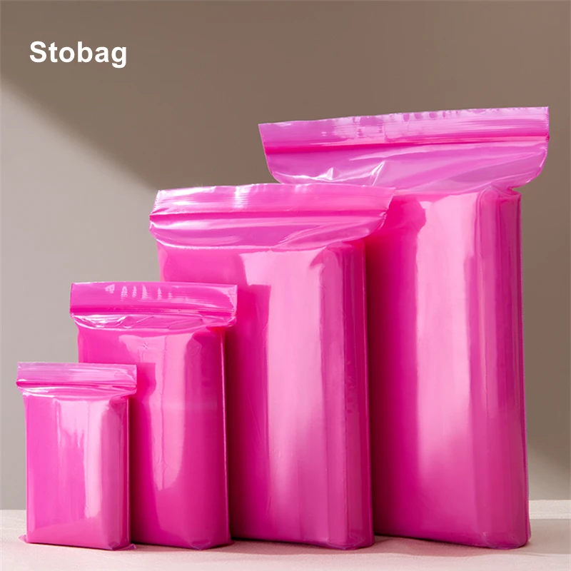 

StoBag 100pcs Pink PE Ziplock Bags Sealed Food Packaging Small Large Waterproof for Candy Nuts Storage Reusable Pouches Logo