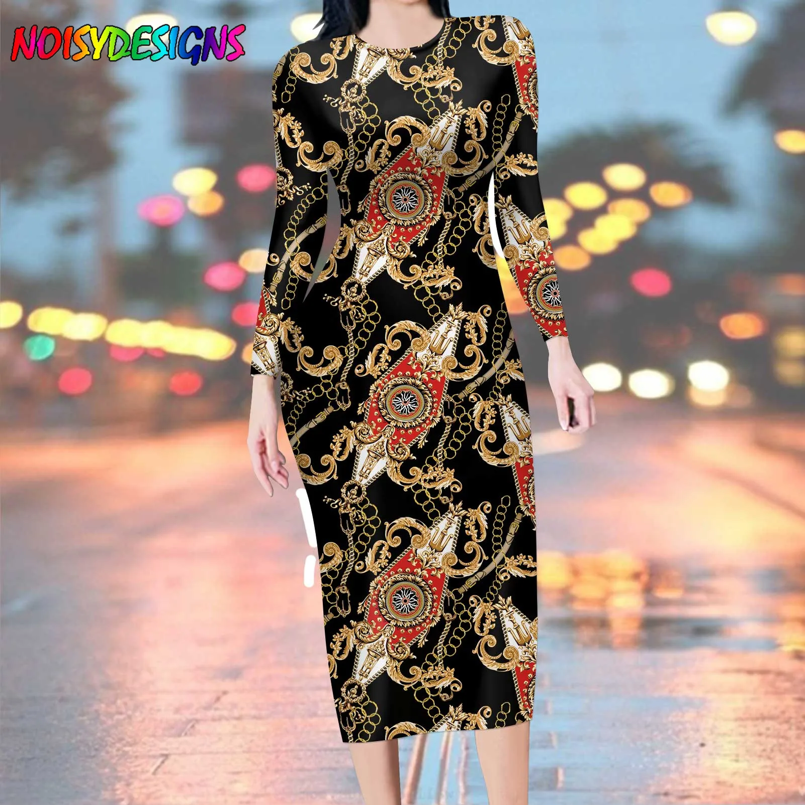 NOISYDESIGNS Women Elegant Vintage Euporean Golden Chain Printed Slim Long Sleeve Long Party Dresses for Women Casual Maxi Dress