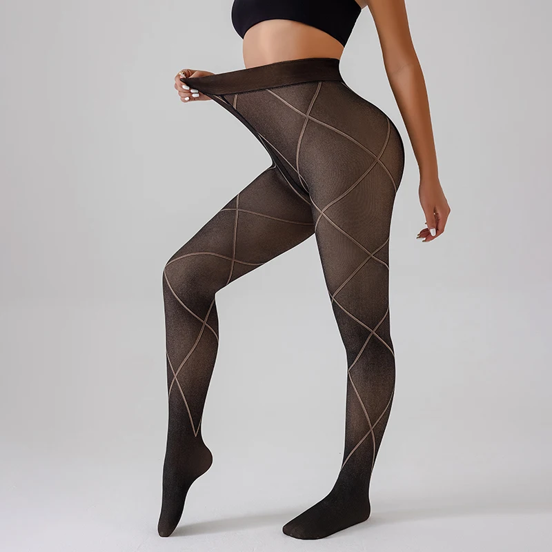 Large-grid jacquard black through-skin fleece-lined thick-walled slim-fitting undergarments for women, front and back seamless,