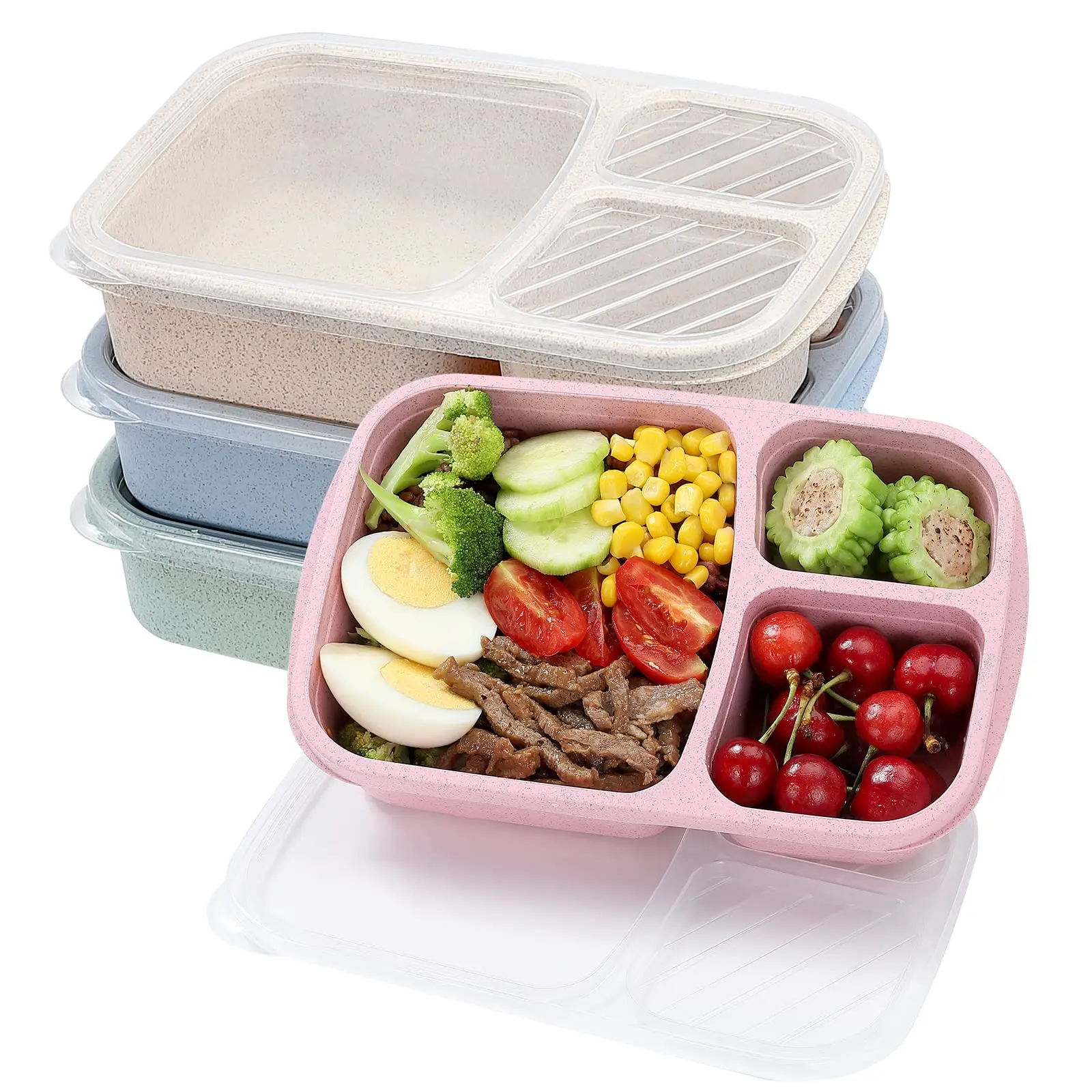 Bento Lunch Box 3 Compartment Wheat Straw Meal Prep Food Storage Containers Plastic, 1 Pack