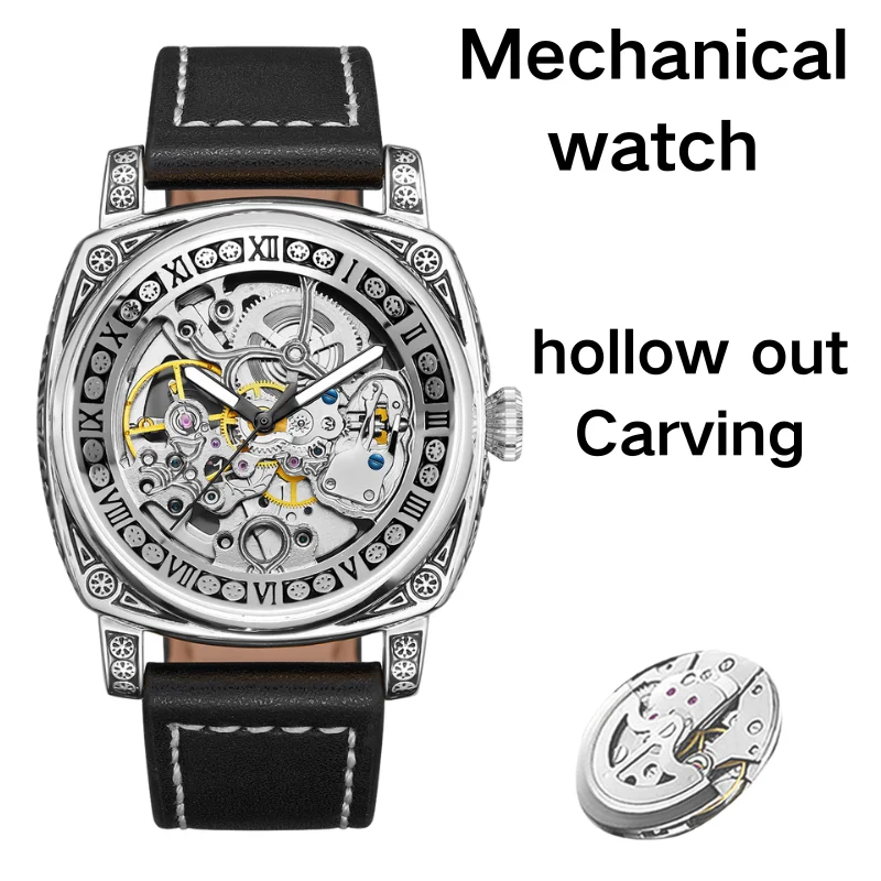 

Men's Fully Automatic Mechanical Watch Hollow Carving Series 42mm Dial 12mm Thickness with Transparent Bottom Leather Strap