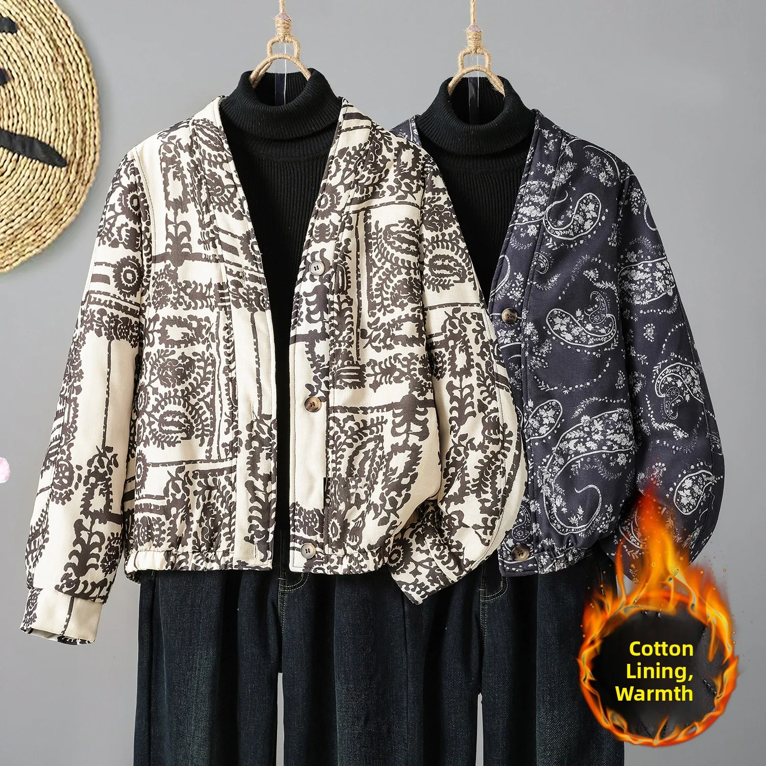 Thiened Cotton Jaet レディース 冬 暖かい レトロ プリント サンドイッチ コットン アウター カジュアル 通勤 ルーズフィット ロング Sve