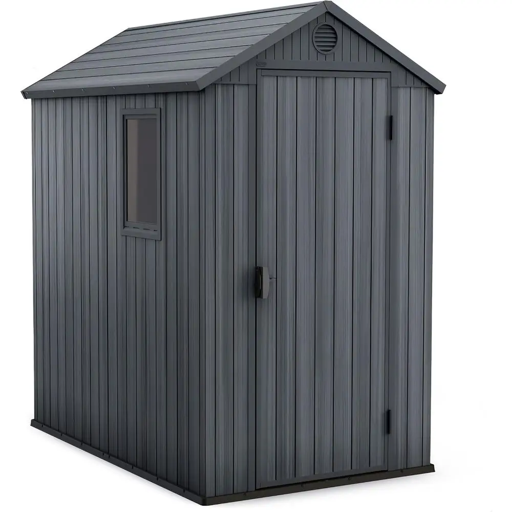 

Graphite Gray 4x6 Outdoor Storage Shed with Lockable Resin, Window, and Skylight for Backyard Organization
