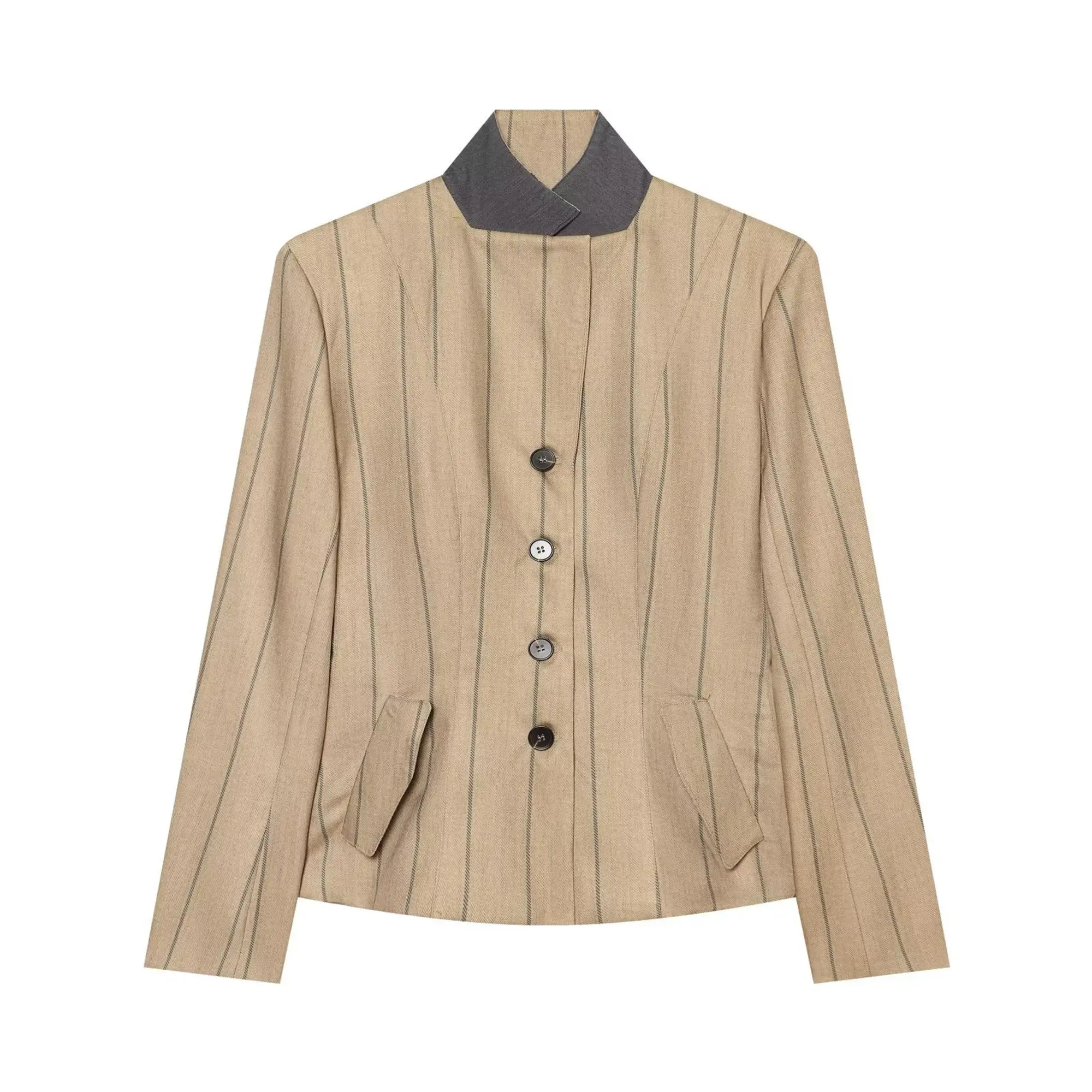 TFMLN Damen Blazer mit Streifenmuster und Stehkragen, schlank geschnitten, lässig, einreihig, Retro-Bürojacke, Oberbekleidung, modische Pendlerjacke – Detail 2