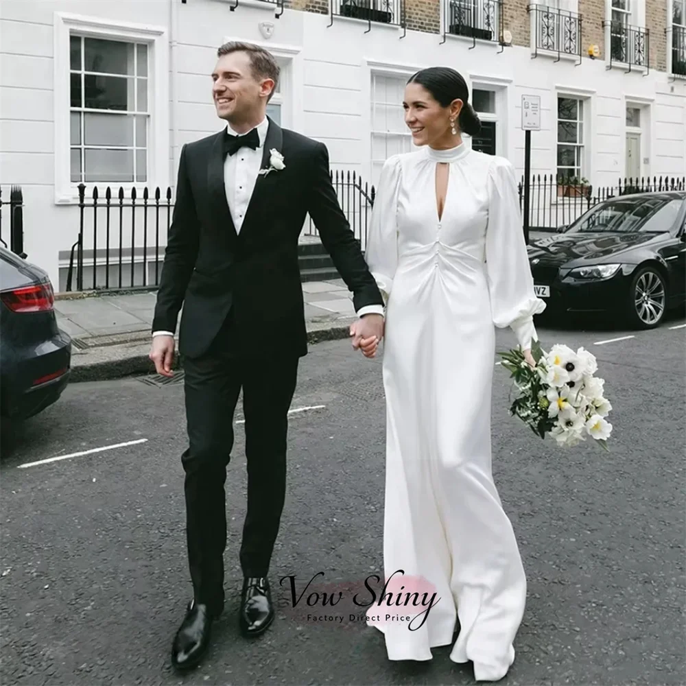 Vow Shiny Classic High Neck Puff Long Sleeve Wedding Dresses For Woman Satin A-Line Bridal Gown Customized Civil Wedding Dress