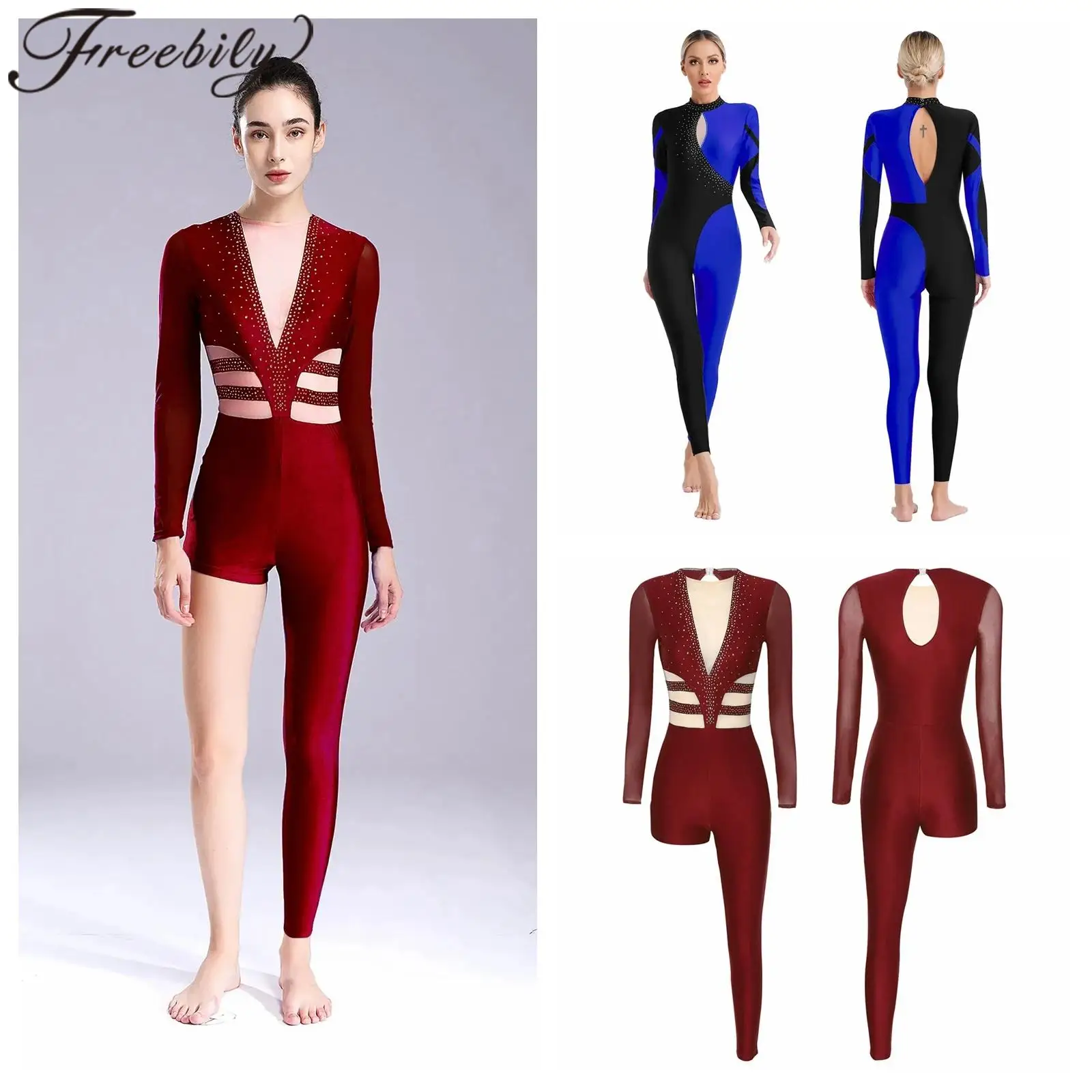 

Women's Shiny Rhinestones Artistic Gymnastics Jumpsuit Figure Skating Costume Ballet Jersey Unitards Dance Leotards Rompers