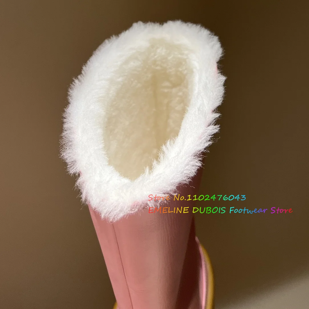 Designer Brand Leather Snow Boots Women Round Toe Thick heel Platform Double-breasted Fur Increasing Height Knee High Boots