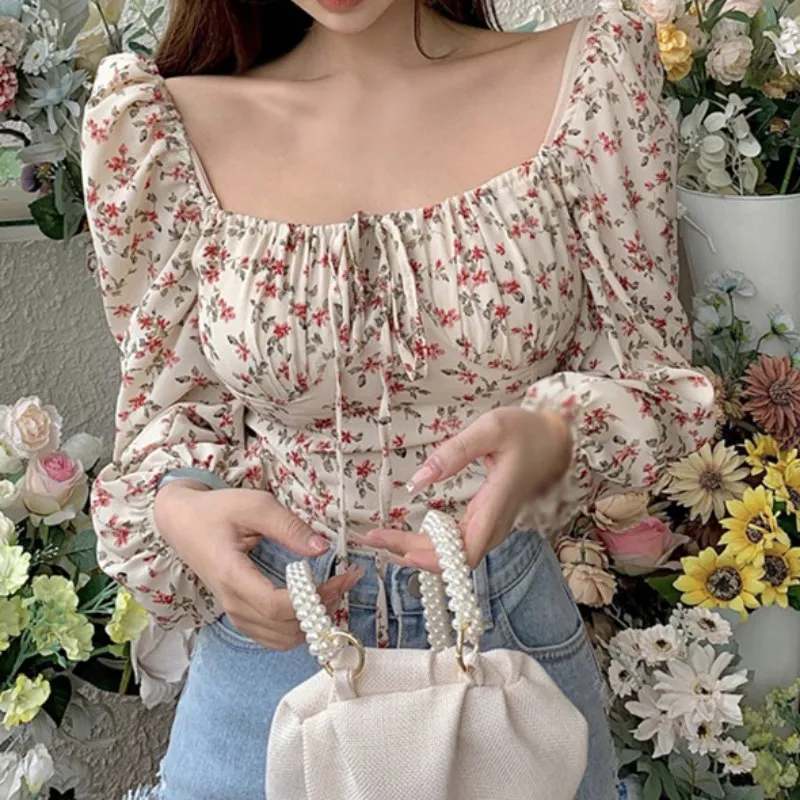 Summer Women Floral Print Square Collar Sexy  Long Sleeves Chiffon Shirt Blouse