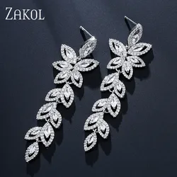 ZAKOL Luxury Leaf Bridal Earrings for Women Micro Inlay Zirconia Long Dangle Earring Wedding Engagement Party Jewelry EP2348