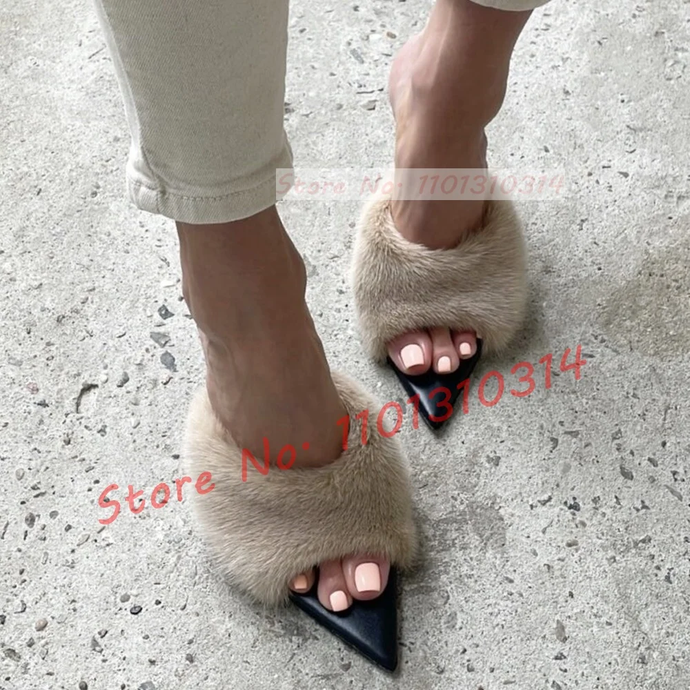 Khaki Fur Wedge Mules Women Elegant Nifty Pointy Open Toe Furry Heeled Slippers Female Trending Party Lovely Outfit Suede Shoes