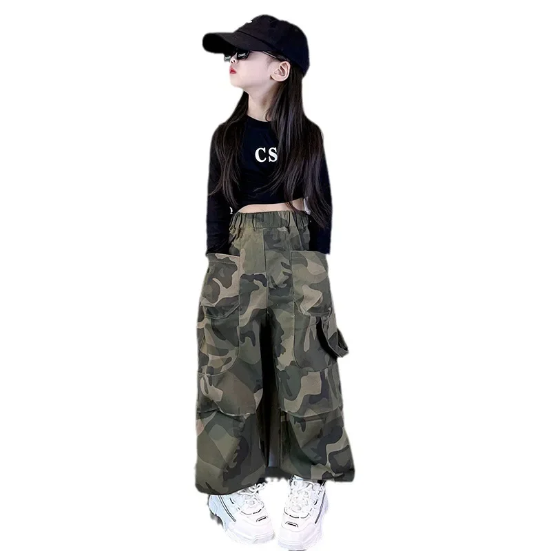 gril Pants Children\'s Sports Fashion Camouflage Overalls Elastic Waist Large Pocket grils Street Casual Pants