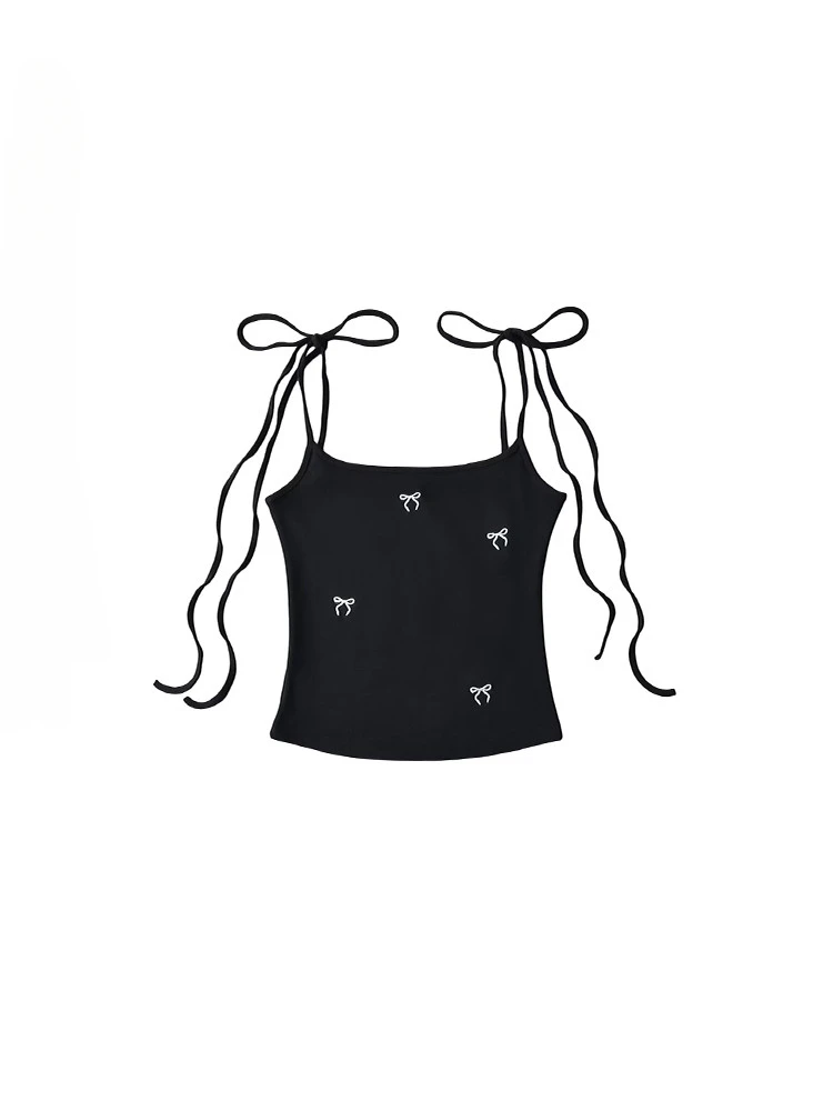 

Sweet Hoit Girl Off-shoulder Sleeveless Lace Up Camisole Women's Summer Pure Desire Bow Embroidery Suspender Tops Female Clothes