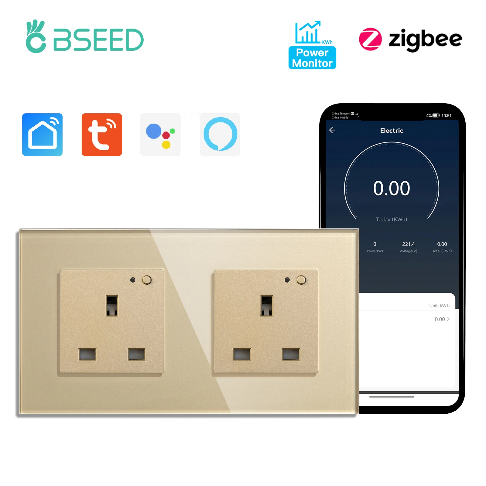 BSEED UK Standaard Zigbee Power Monitor Socket Slimme dubbele elektrische stopcontacten Tuya Smart Iife Google Home Control 13A