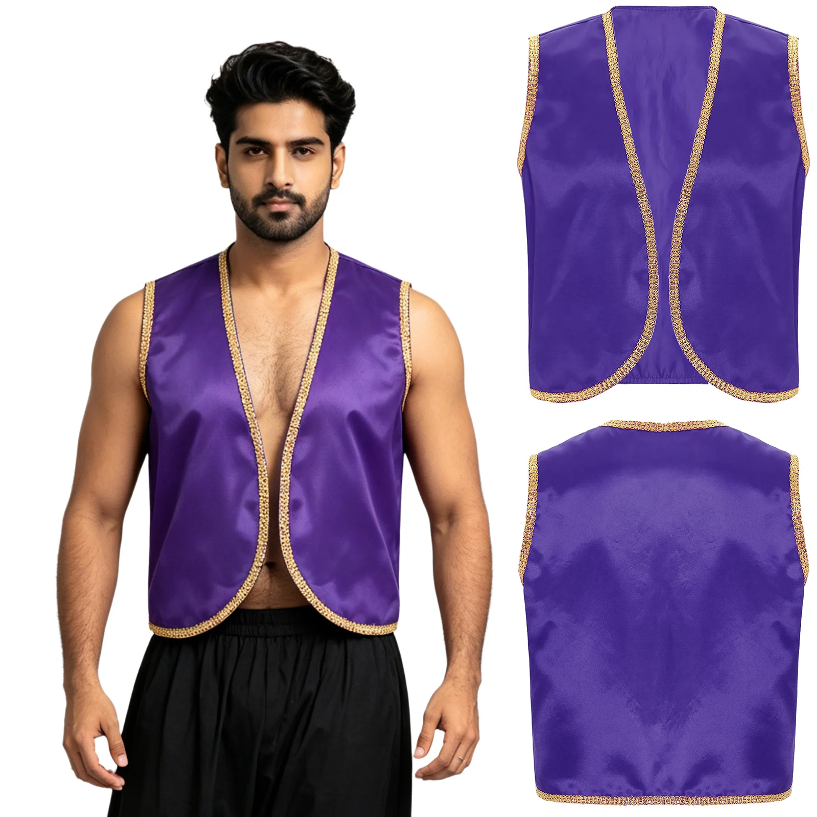 Mens Arabian Prince Waistcoat Cosplay Costume Halloween Carnival Party Dress Up Sleeveless Vest for Stage Competition Costume