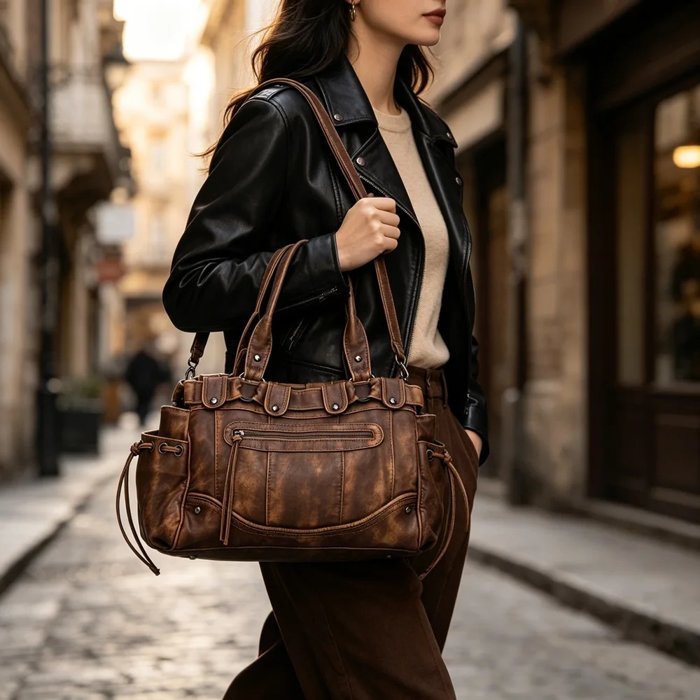 Women Vintage Distressed PU Leather Handbag Brown Washed Shoulder Tote Bag Rivet Decor Multi Pocket Large Daily Satchel Purse