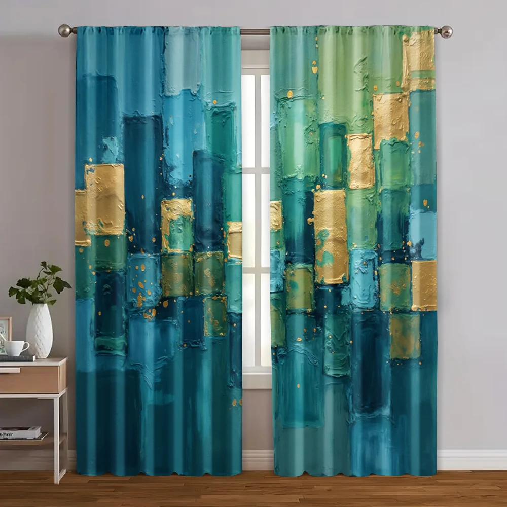 

2pcs, Curtains Digital Printed Teal & Golden Machine Washable Fabric (without rod) Decorations Inside Ldeal for Bedroom & Living