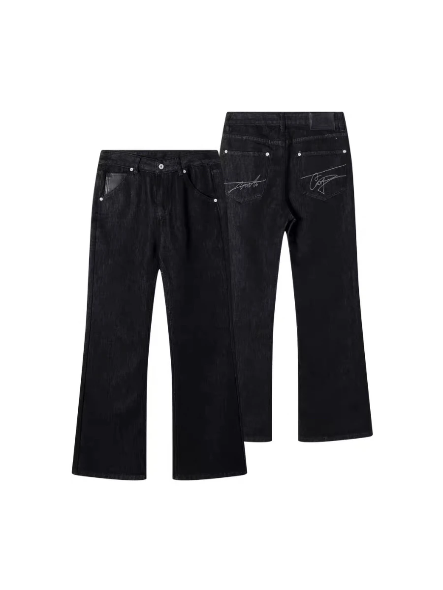 Jeans Flare Bordados Estilo Americano Retro para Homens e Mulheres, Calças de Cintura Alta com Pernas Retas, Jeans em Cor Neu...