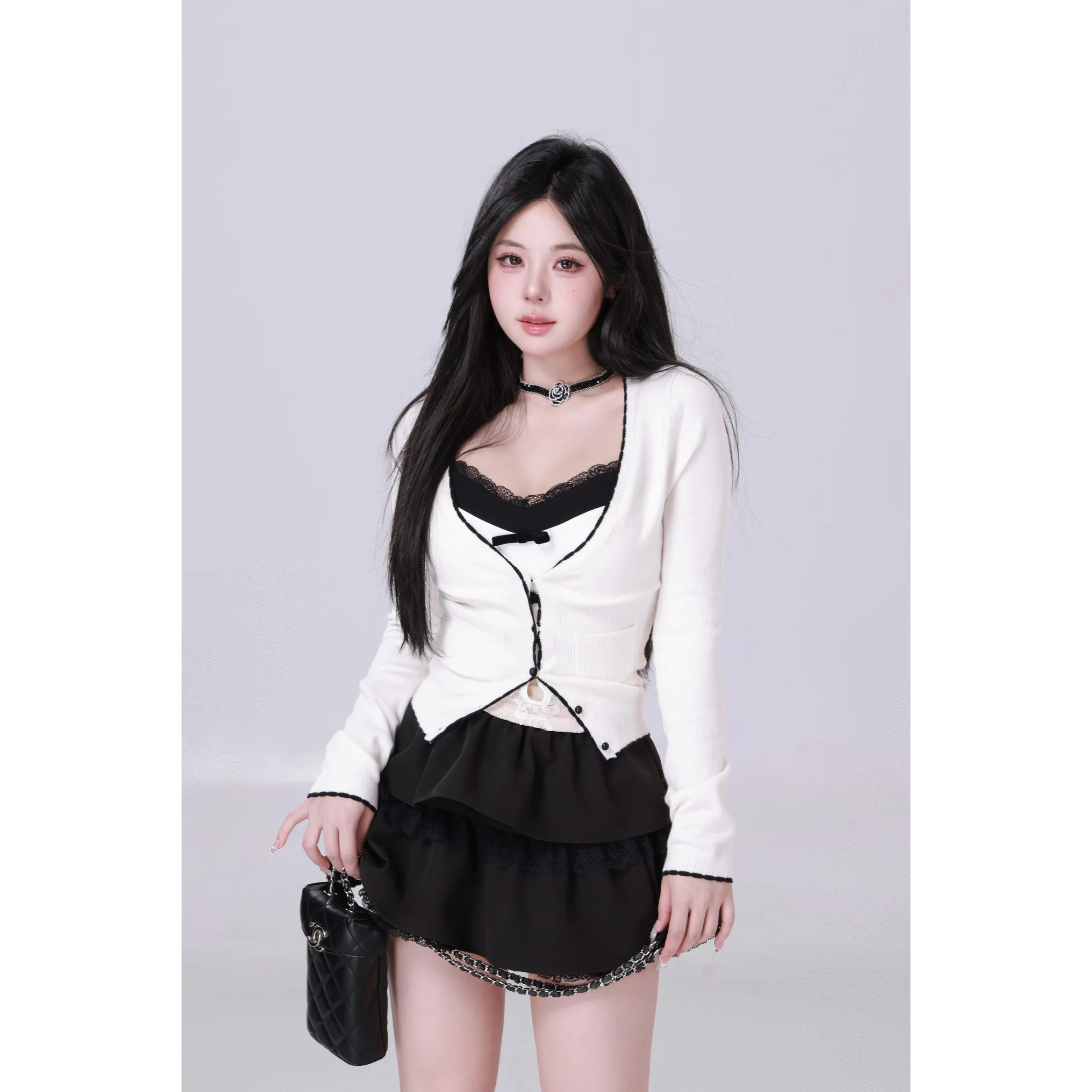 MengFairy Miu doux tricoté Long Sve Cardigan ensemble polyvalent Sli trajet Sle brodé couleur Pure Collection de printemps