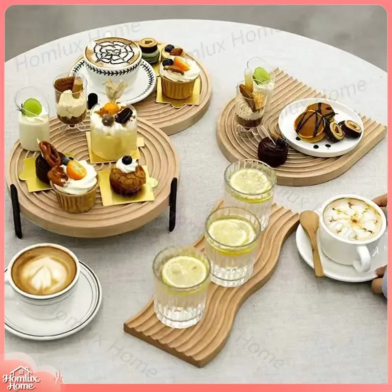 Japanese Style Round Wooden Cutting Board Beech Tray Water Ripple Design Afternoon Tea Tray Dessert Serving Platter Food