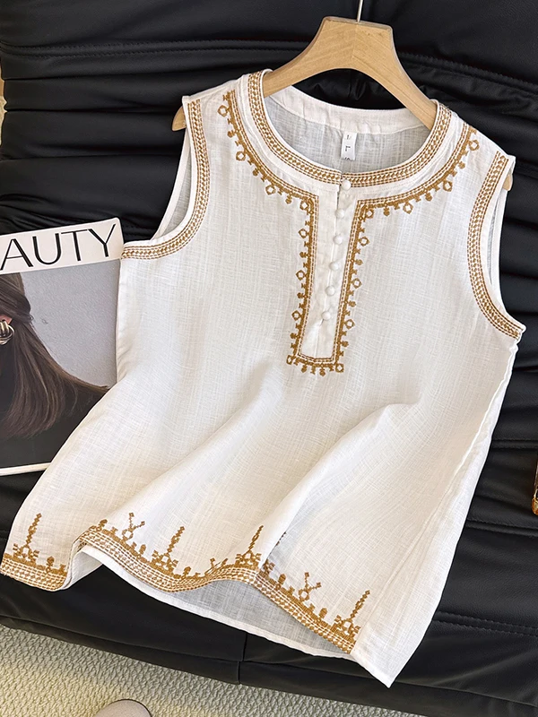 

New Chinese Style Embroidered round Neck Linen Vest Shirt Women's Summer 2026 Loose Fit Versatile Breathable Outerwear