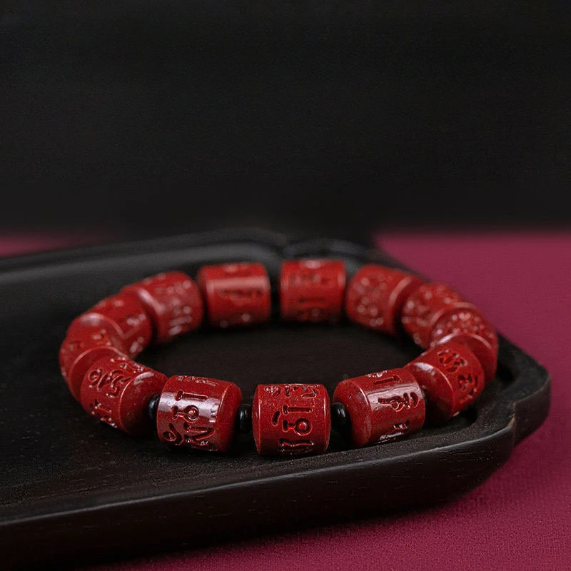 Natural Cinnabar Animal Year Six-character Mantra Bucket Beads Bracelet Zijin Sand Joker Bracelet for Men and Women.