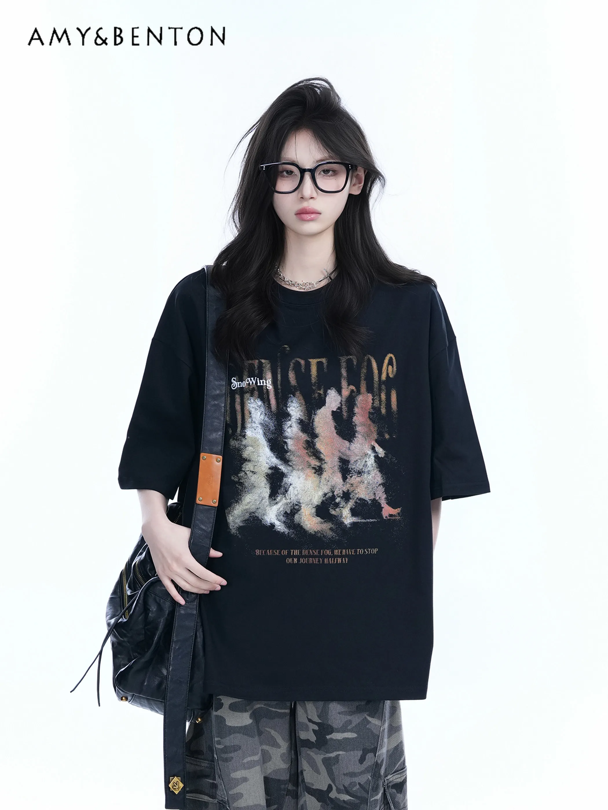 

Summer American Retro Street Style Women's Character Letter Print Black Gray White Green Loose Round Neck Short Sleeve T-shirt
